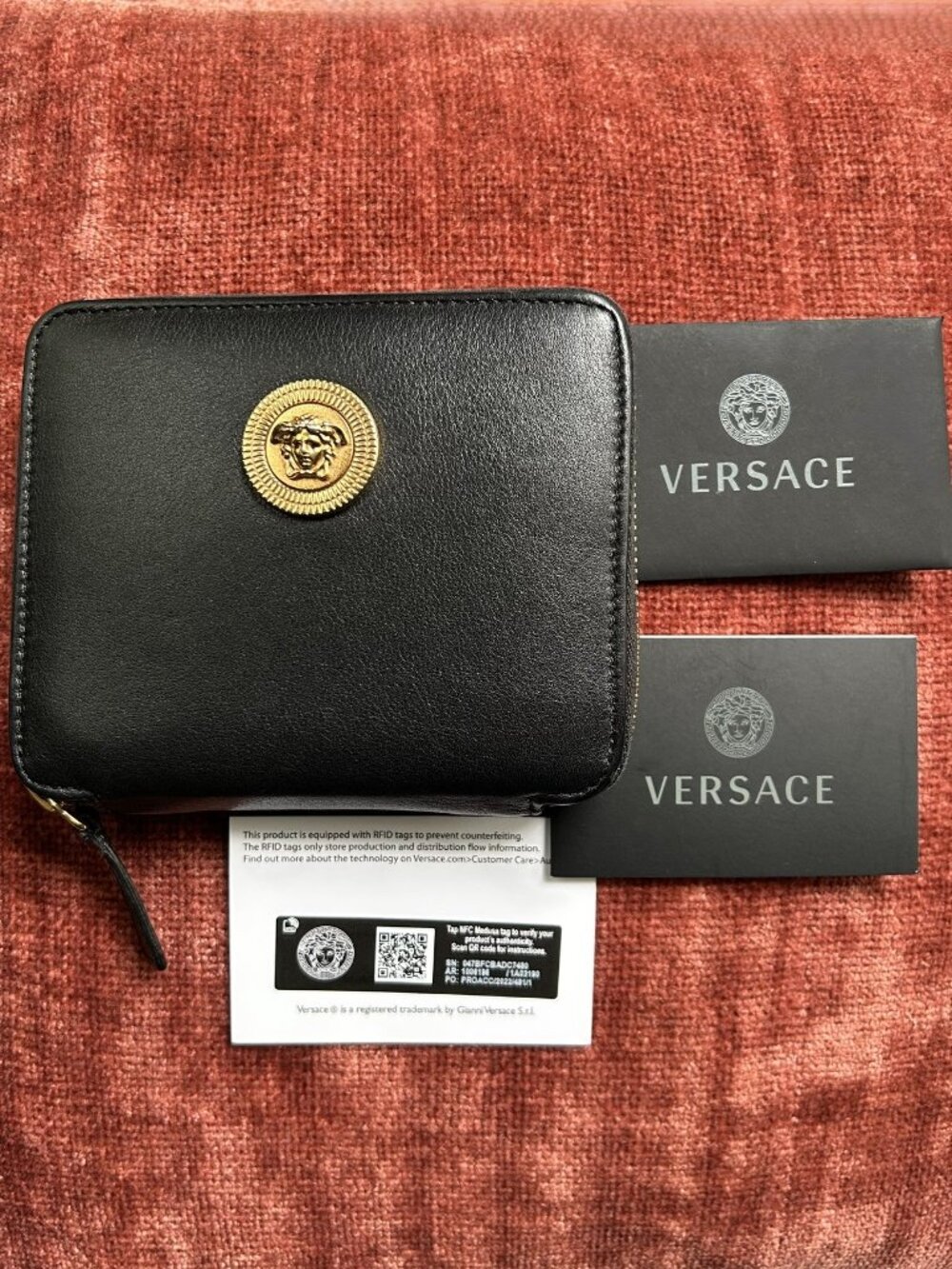 VERSACE Calfskin Icon Zip Around Compact Wallet, Black